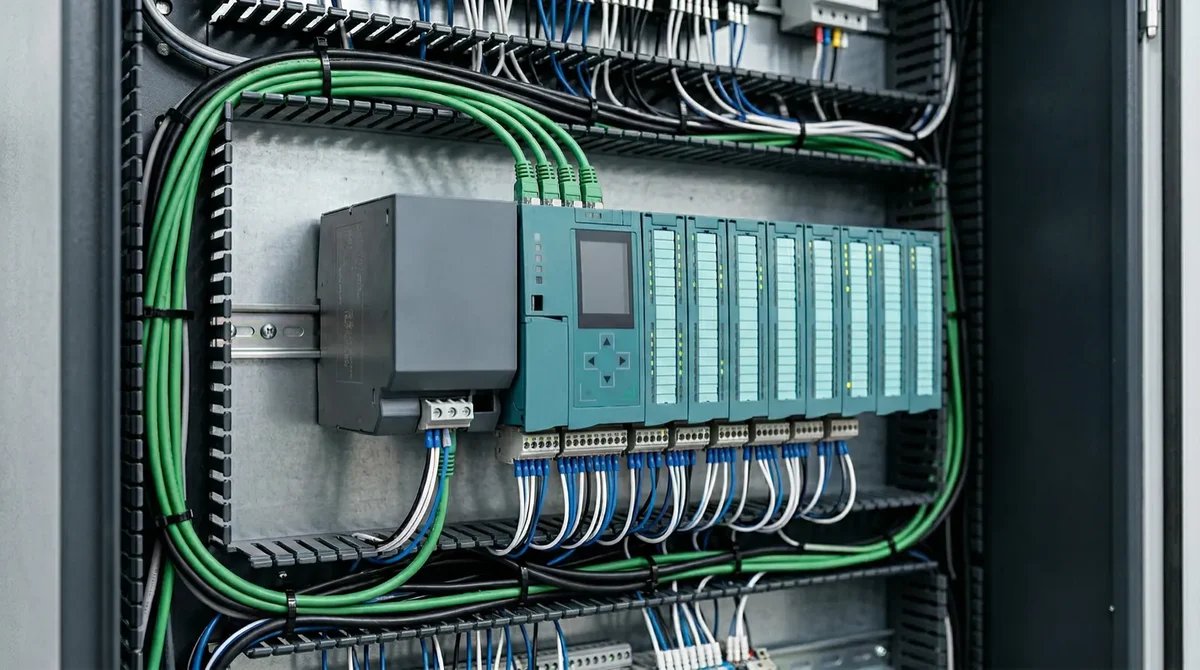 PLC and I/O modules in an electrical cabinet