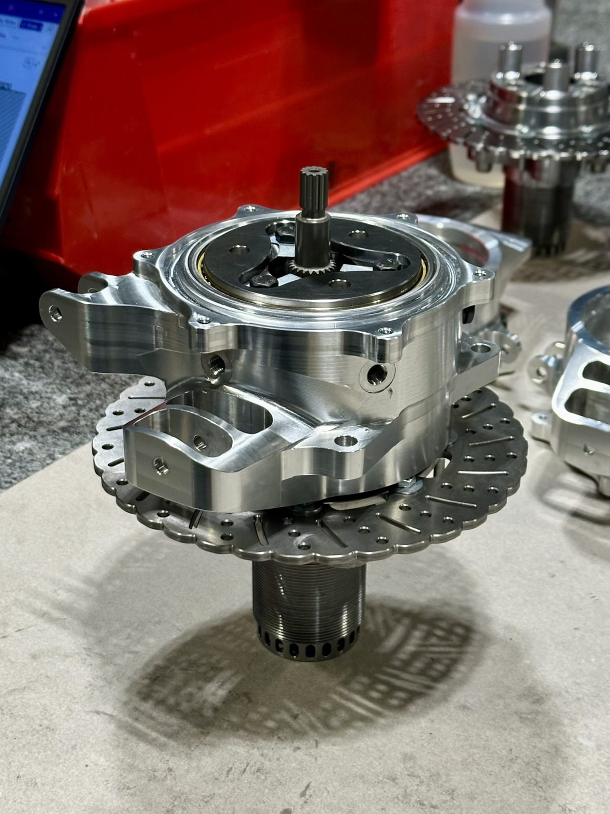 The machined upright with the gearbox, hub and brake disc