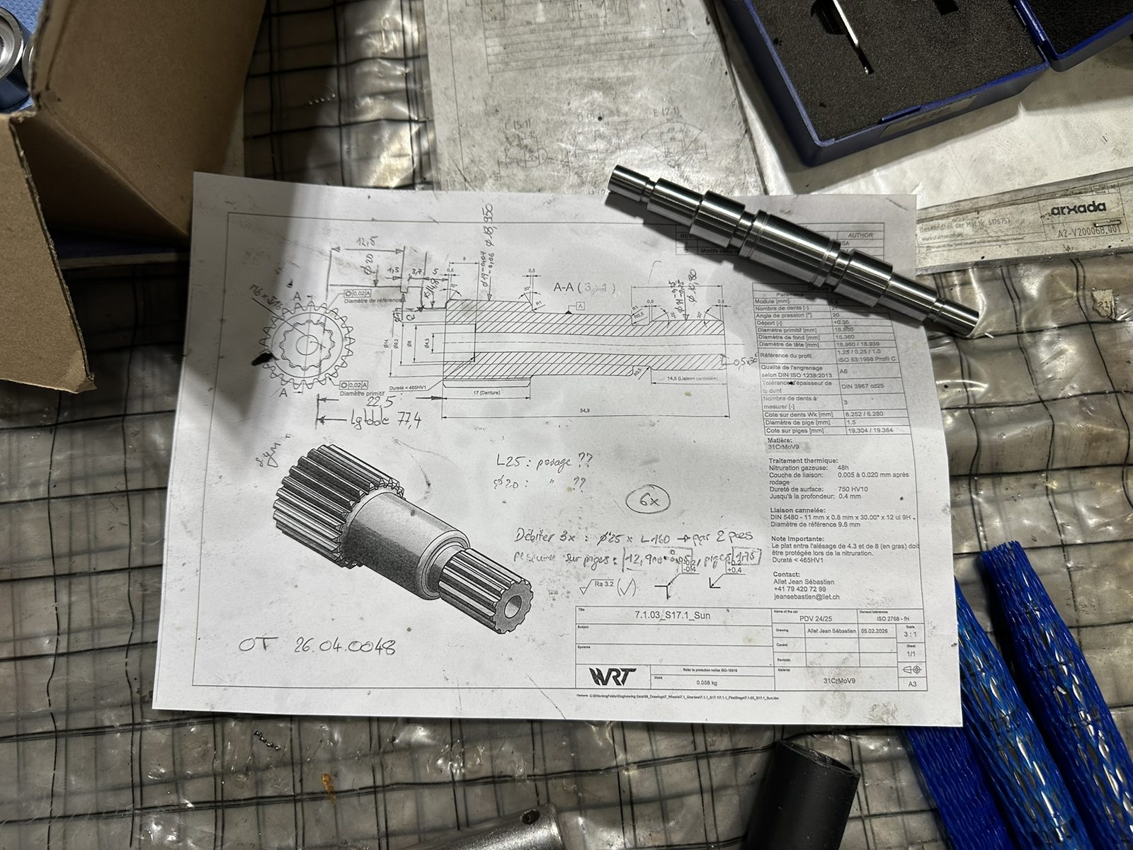 Drawing of the sun gear with the machined part lying on it