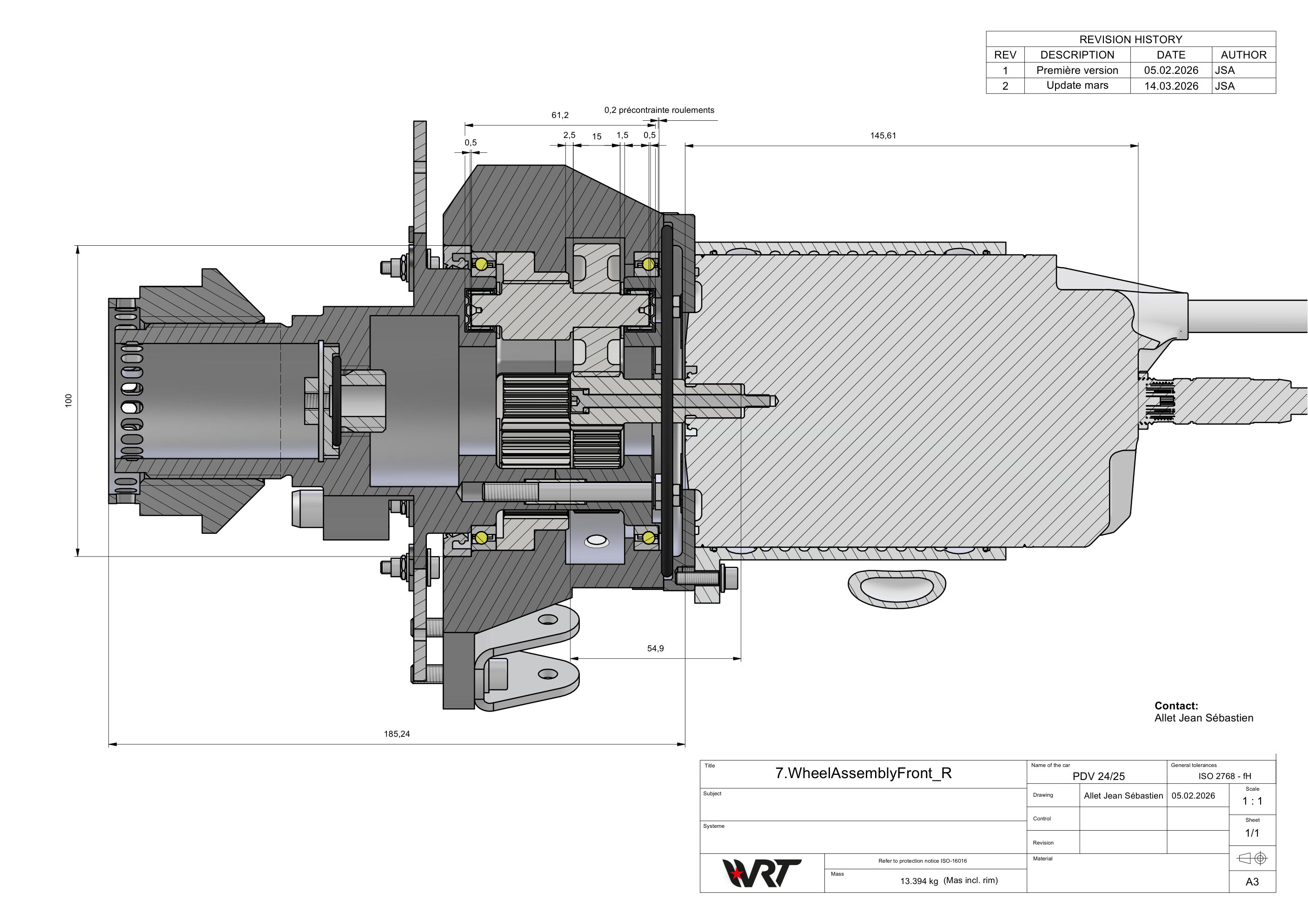 Section drawing of the front right wheel corner: wheel, gearbox and motor