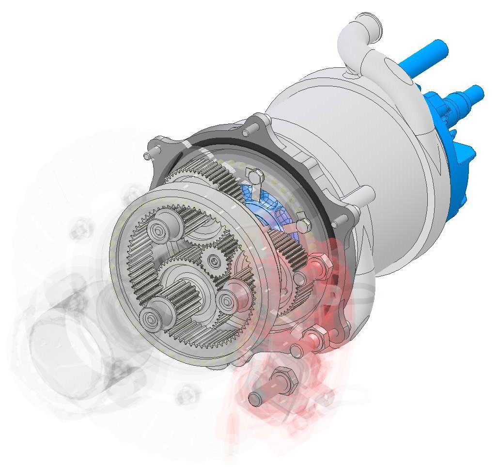 Cut-away CAD render of the stepped planetary gearbox on the motor